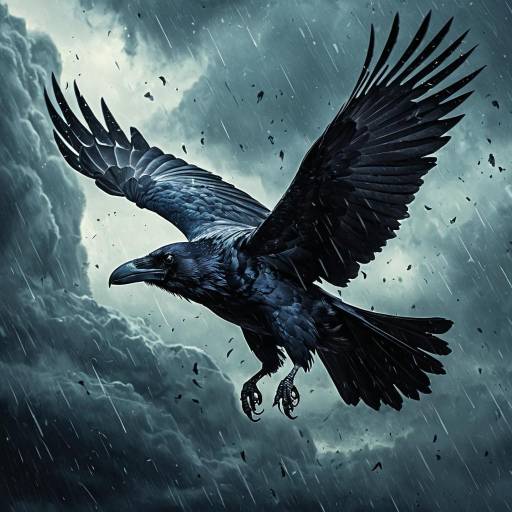 Ethereal Raven Flying in Stormy Sky