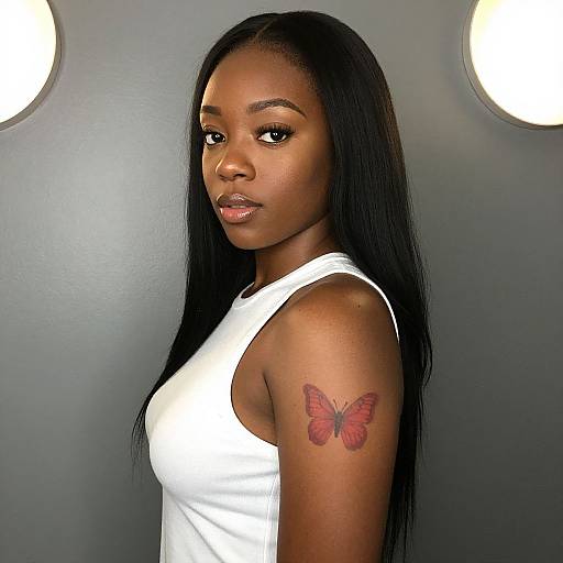 Photograph of a beautiful Black woman with long straight hair, wearing a white sleeveless top, showcasing a red butterfly tattoo on her left upper arm,