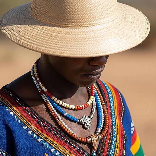 Photograph of a dark-skinned African man with a large straw hat, colorful beaded necklaces, and vibrant traditional clothing, looking downward. Sun