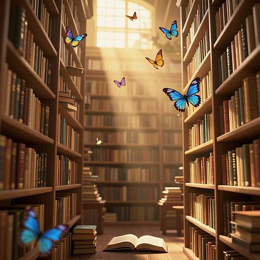 Photograph-like digital art of a sunlit library aisle with blue and orange butterflies, open book on floor, and towering bookshelves.