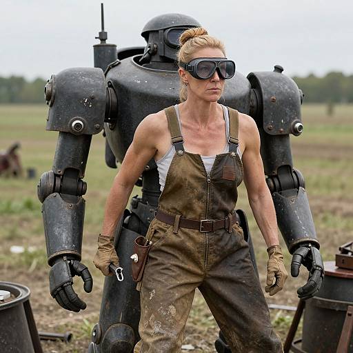 Photograph of a muscular, blonde woman in dirty overalls and goggles, standing in front of a large, black, robotic figure in a grassy