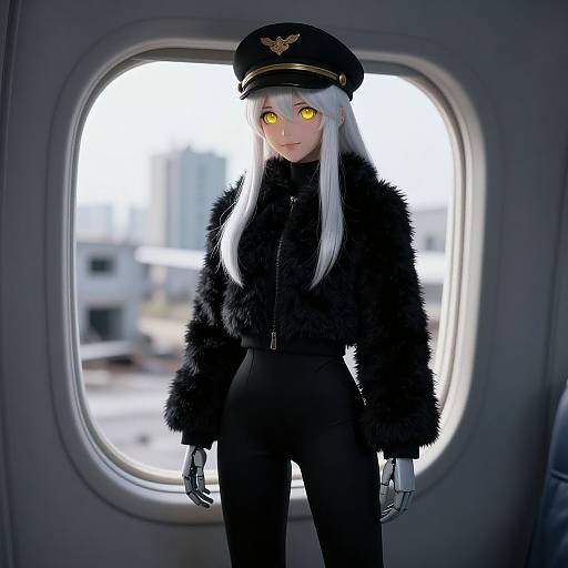 Digital art of a pale-skinned anime girl with glowing yellow eyes, white hair, black fur jacket, black pants, and pilot hat, standing in