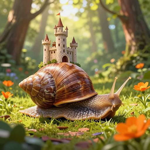 Photorealistic CGI image of a brown snail with a glossy shell carrying a miniature castle on its back in a sunlit forest clearing with vibrant orange