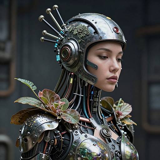 Photorealistic digital art of a young woman with metallic cybernetic armor adorned with flowers, wearing a futuristic helmet with antennae, in a dark