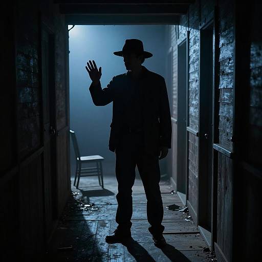 Mysterious Silhouette in Blue Corridor