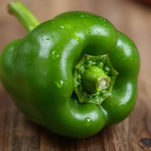 Close-up photograph of a glossy, green bell pepper with water droplets on its surface, lying on a wooden table.