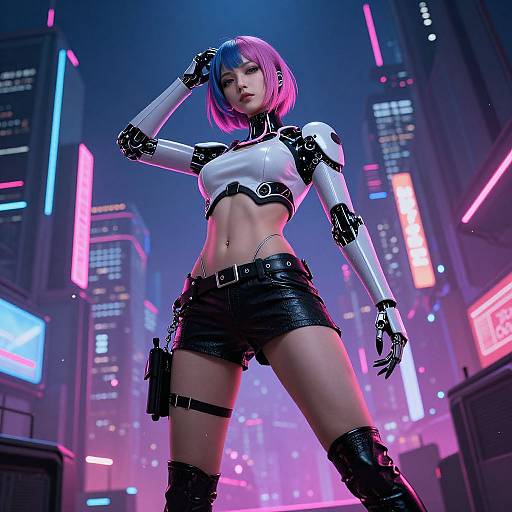 Cyberpunk woman with pink-blue bob, white crop top, black leather shorts, and cybernetic arms, stands confidently in neon-lit city