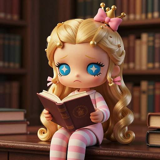 Digital CGI of a chibi-style blonde princess with big blue starry eyes, pink bow, and crown, reading a book in a library. She