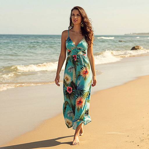 Photograph of a woman with long dark hair in a blue, floral sundress walking barefoot on a sunny beach with gentle waves.