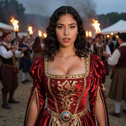 Photograph of a young woman with curly dark hair in a detailed, red, gold-embroidered Renaissance dress, standing in a nighttime festival with