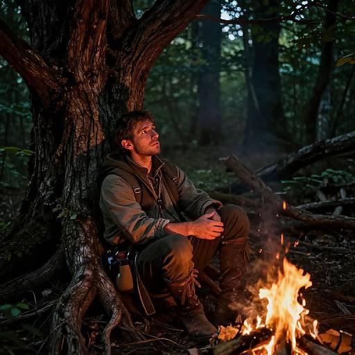 Photograph of a bearded man in dark outdoor gear, sitting by a campfire in a forest, surrounded by trees, at night.