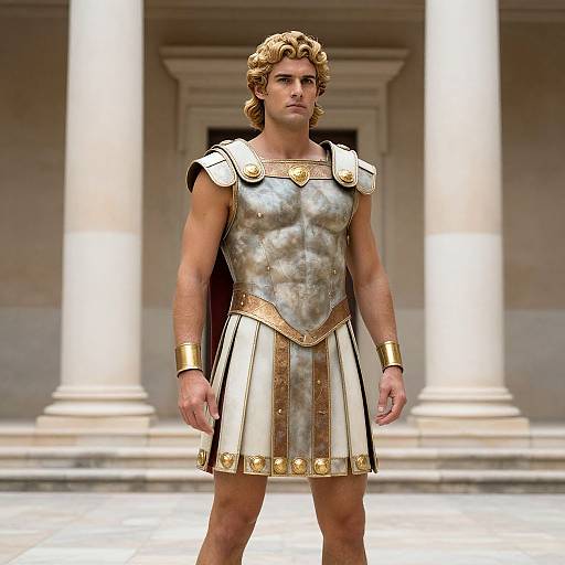 Photorealistic CGI of a muscular, blonde-haired man in ancient Greek warrior attire, standing in front of tall, white columns.
