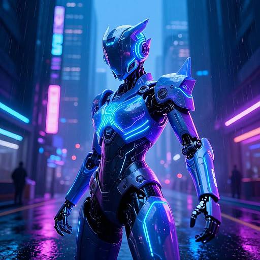 Cyberpunk-style CGI of a glowing blue and purple humanoid robot standing in a rainy neon-lit city street, with bright vertical and horizontal lights in