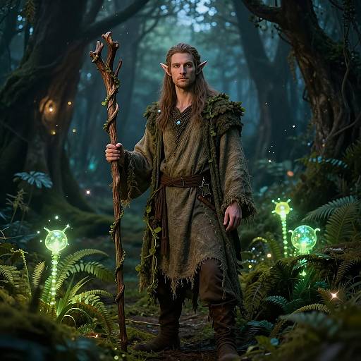 Photorealistic CGI of a pointy-eared elf in a forest, wearing tattered green cloak and holding a staff, surrounded by glowing fairy lights
