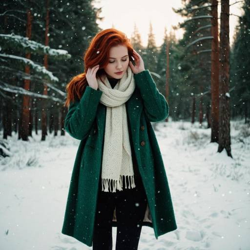 Young Woman in Green Coat Standing in Snowy Forest