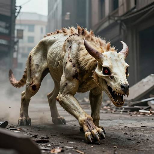 CGI image of a demonic, skeletal, beast with sharp teeth and horns, covered in fur, prowling a foggy, ruined urban street.