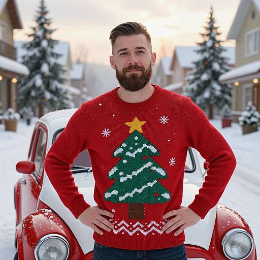 Bearded man with short brown hair, wearing a red Christmas sweater with a green tree and yellow star, stands in front of a red car in a