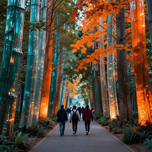 Photograph of a futuristic forest path with towering, illuminated glass columns and vibrant orange leaves, flanked by greenery, and people walking away in the
