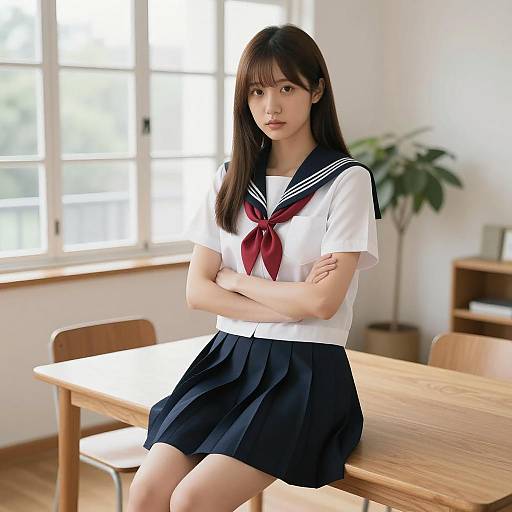 Asian Woman in Sailor-Style School Uniform Sitting on Table