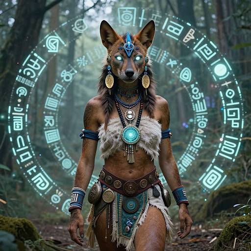Digital artwork of a muscular, anthropomorphic wolf-woman with glowing blue eyes, wearing tribal jewelry and fur clothing, standing in a mystical forest with glowing