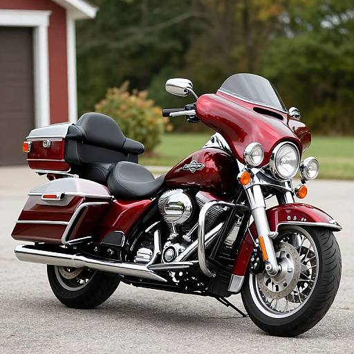 Photograph of a shiny red Harley-Davidson cruiser motorcycle with black leather seat and saddlebags, parked on a suburban street.