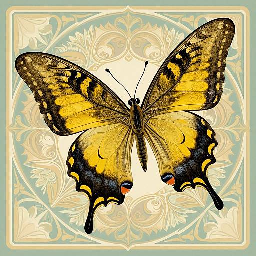 Detailed digital illustration of a vibrant yellow and black butterfly with orange tips, set against an ornate, pale blue and white floral background.