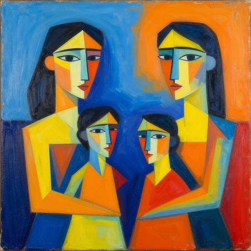 Vibrant abstract painting of a family with three stylized, geometric faces in yellow, red, and blue, set against a colorful background.