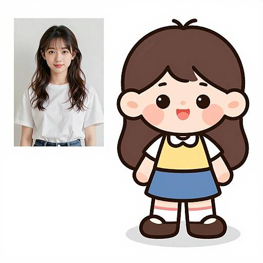 Photograph of a young Asian woman with long black hair in a white T-shirt, next to a chibi-style cartoon of the same girl in a