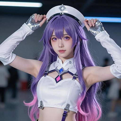 Young Woman Cosplaying Purple-Haired Anime