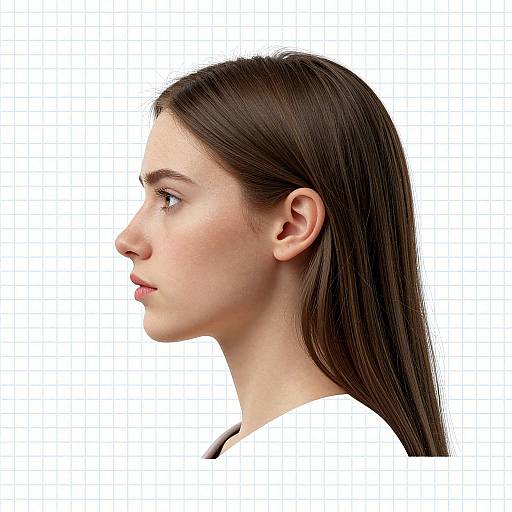 Photograph of a young woman in profile, facing left, with long brown hair, fair skin, and wearing a white shirt, against a white background