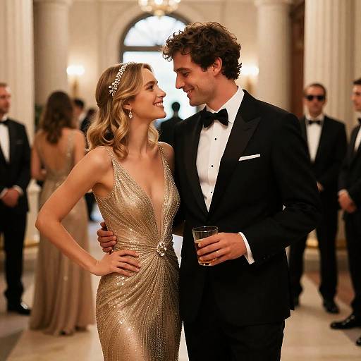 Elegant Couple in Grand Hallway Setting