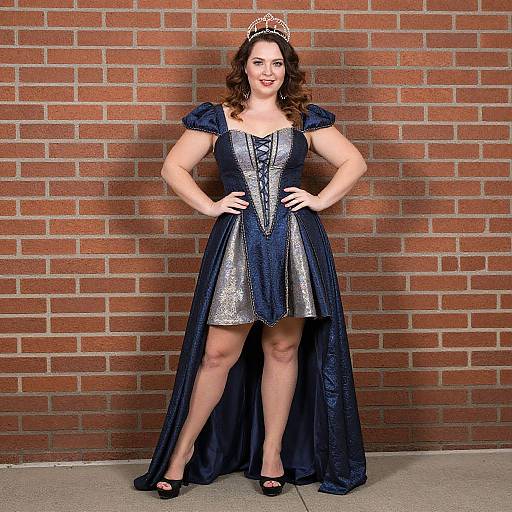 Photograph of a curvy woman with fair skin, curly brown hair, wearing a blue and silver sequin princess dress, tiara, black heels
