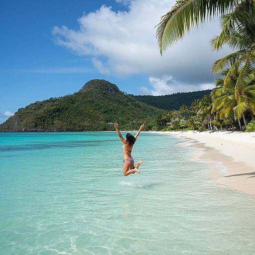 Joyful Woman Jumping into Tropical Waters