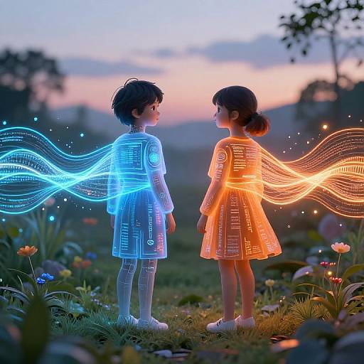 Digital illustration: Two children in glowing, neon-patterned dresses stand in a magical garden at sunset, with blue and orange light waves emanating from their