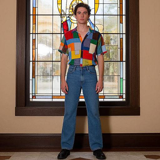 Photograph of a young man with short brown hair, wearing a colorful checkerboard shirt and blue bell-bottom jeans, standing in front of a stained glass
