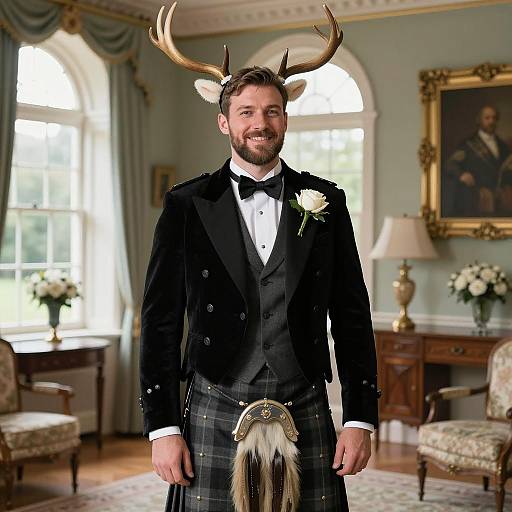 Man in Highland Dress with Gold Antlers in Elegant Room
