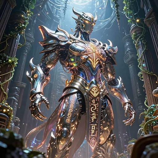 Digital artwork of a towering, metallic, horned warrior with glowing runes, standing in a futuristic, vine-covered cathedral. Bright blue light illuminates the