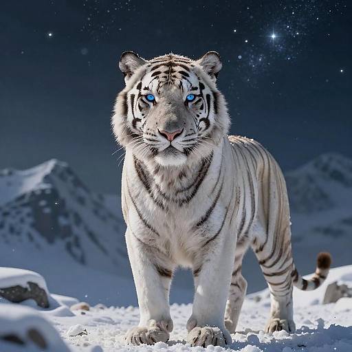 White Tiger with Ice Blue Eyes in Snowy Mountains