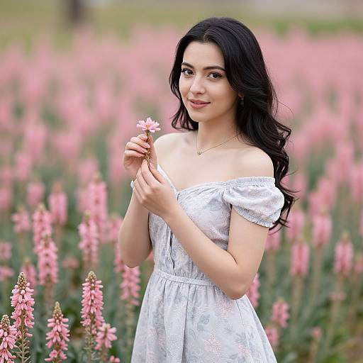 Photograph of an Asian woman with long black hair, wearing an off-shoulder white lace dress, holding pink flowers in a blooming field.