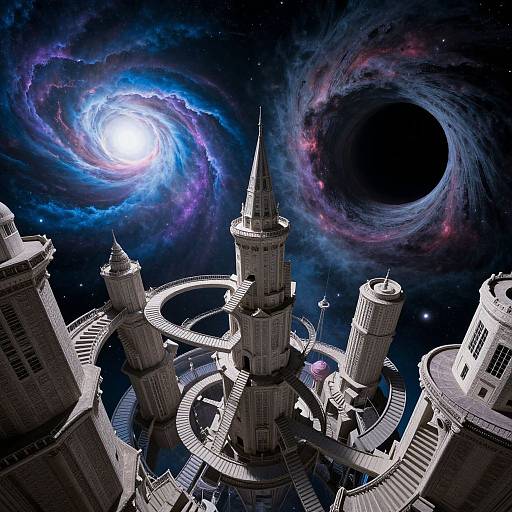 Digital artwork of a futuristic space station with tall, spiraling towers beneath swirling blue and purple galaxies and a dark cosmic black hole.