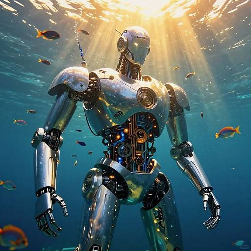 Photorealistic CGI of a shiny, metallic robot underwater, surrounded by colorful fish, bathed in sunlight rays from above.