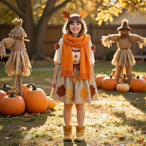 Photograph of a smiling young girl in an orange autumn costume with leaf-patterned dress, orange scarf, and pumpkin headband, standing in a sun