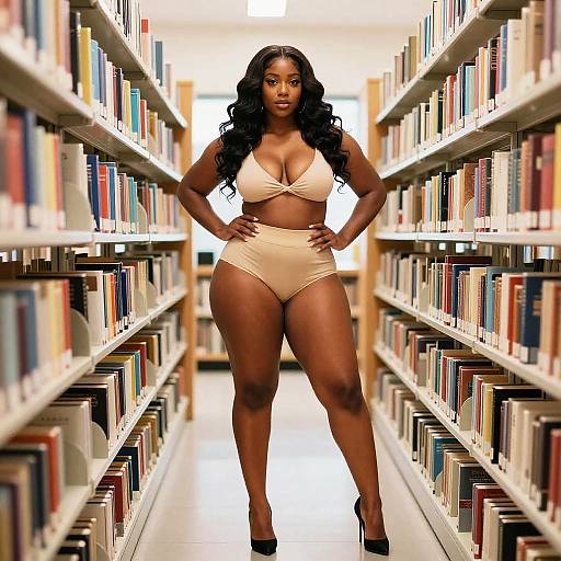 Photograph of a confident, curvy Black woman with long, wavy black hair, wearing beige bikini-style lingerie and black high heels, standing in