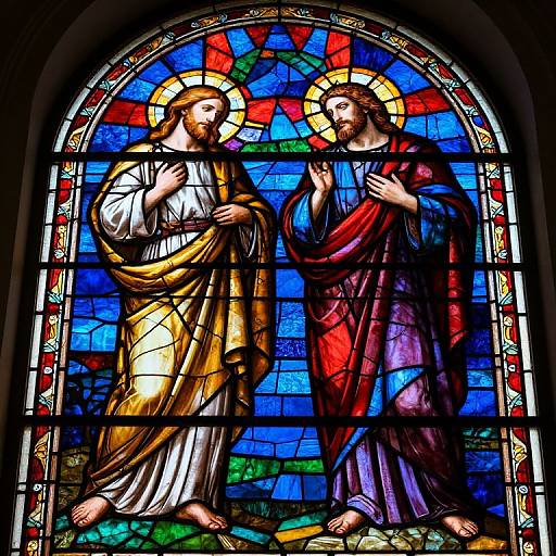Stained glass window depicting two haloed, robed Jesus figures in gold and red, standing against a vibrant blue and red background.