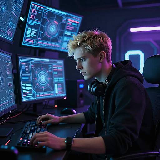 Photograph of a blonde, fair-skinned male in a black hoodie with headphones, focused on multiple glowing blue and pink computer screens in a dimly