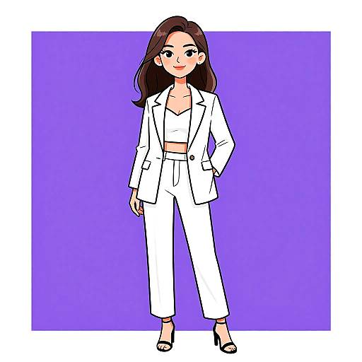 Digital illustration of a confident woman with long dark hair, wearing a white blazer, crop top, and pants, black high heels, against a purple