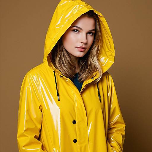 Woman in Yellow Raincoat with Hood Up