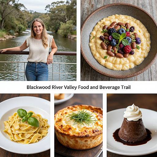 Photograph collage: Smiling woman by river, Blackwood River Valley food: creamy oatmeal with fruit, pasta with basil, quiche, chocolate
