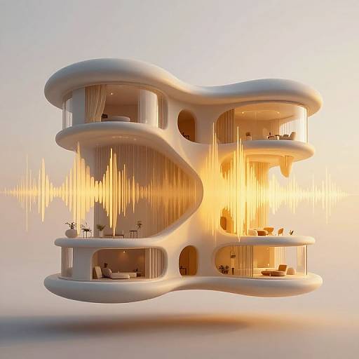 Photorealistic CGI of a futuristic, white, three-story floating building with smooth, organic curves, illuminated by warm golden light, set against a gradient