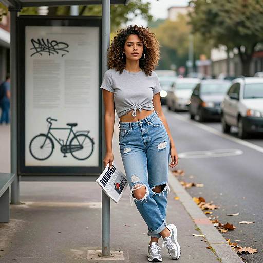 Stylish Curly-Haired Woman at Bus Stop